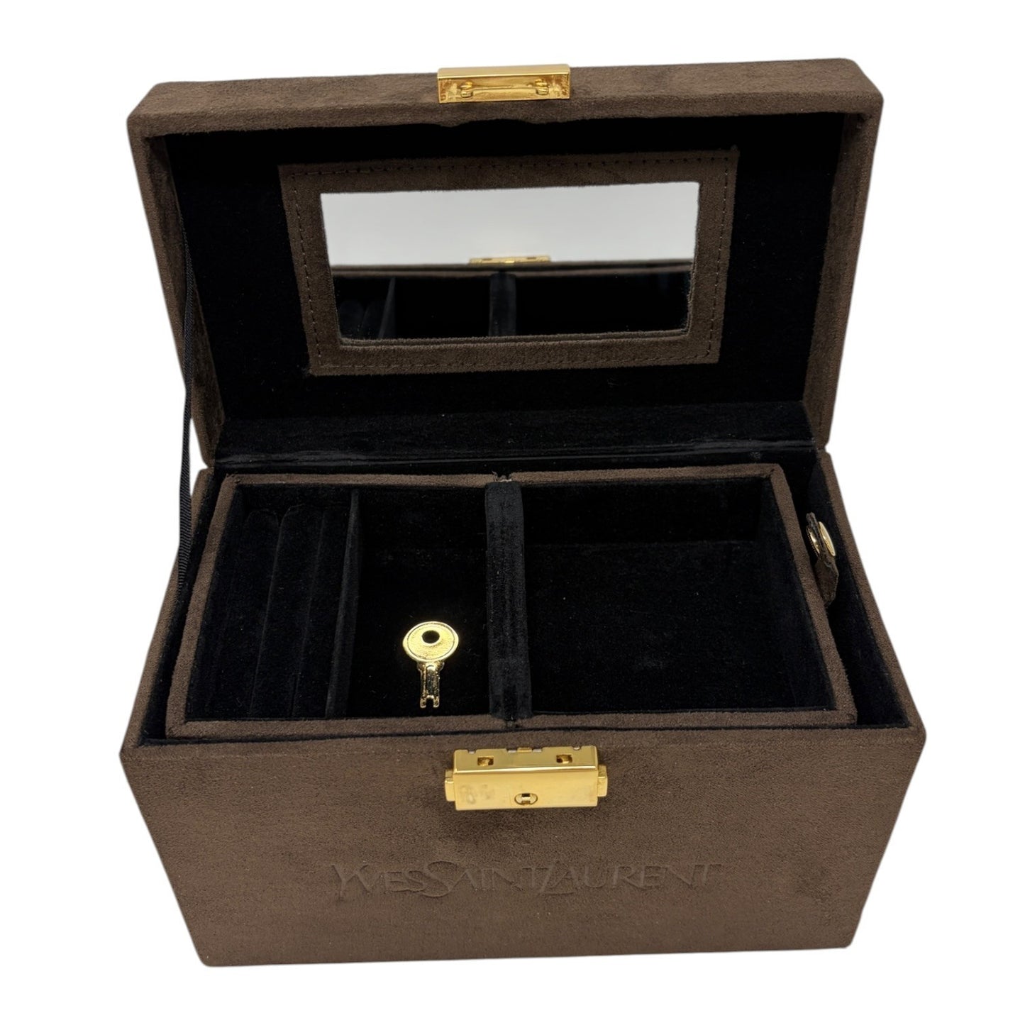 Yves Saint Laurent Vintage YSL Logo Suede Vanity Box Bag Brown Gold 901820