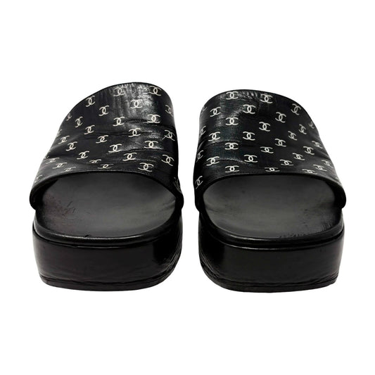 CHANEL Vintage CC Monogram Logo Sandals Heels #37 Black White Leather 902552