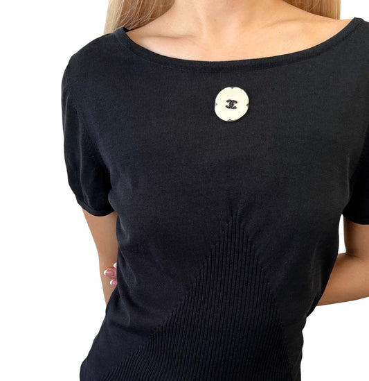 CHANEL Vintage P40798 CC Logo Camelia Knit T-shirt Top #42 Black White 901989