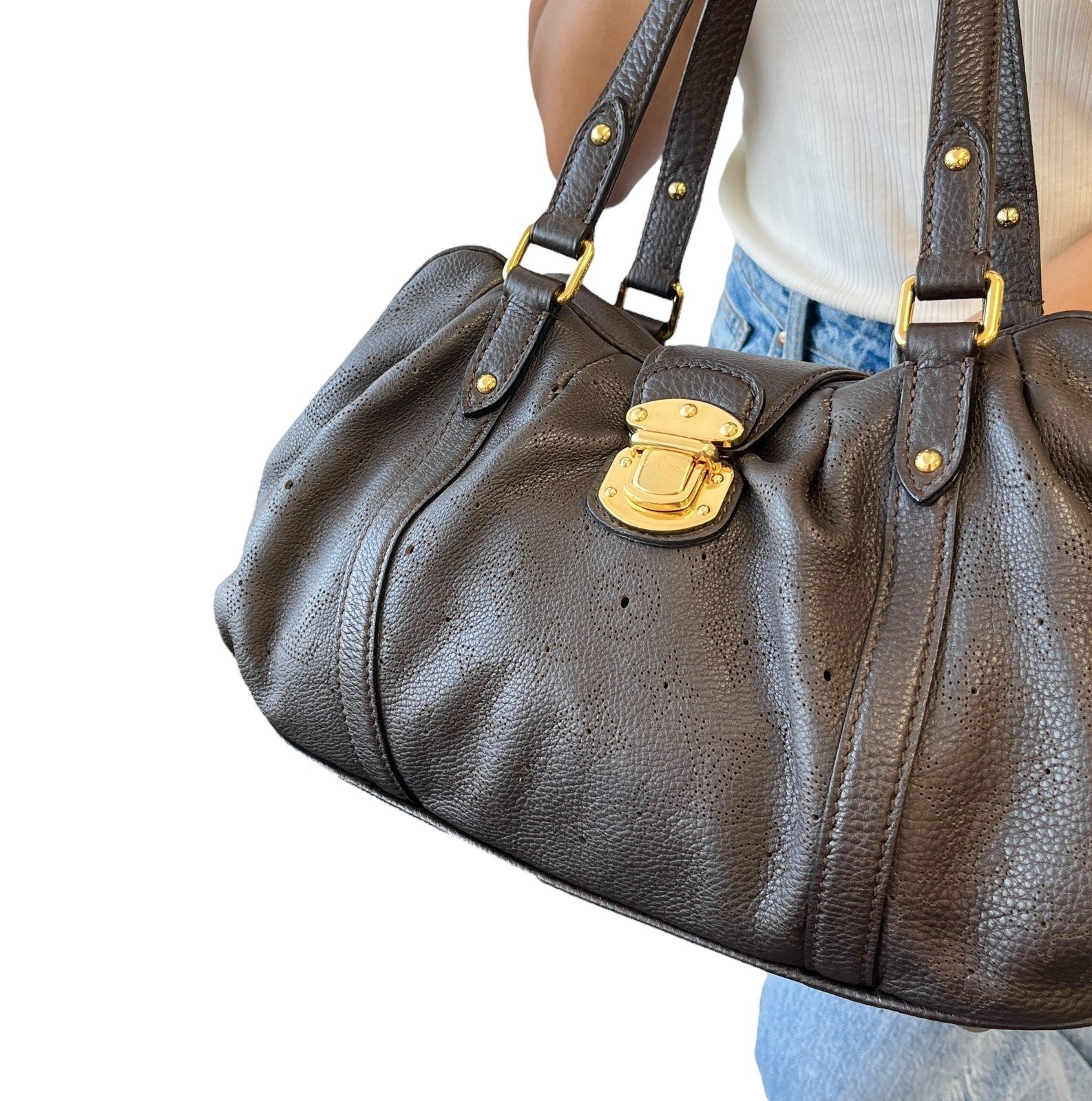 LOUIS VUITTON Vintage Monogram Mahina Shoulder Bag Brown Gold Leather Suede