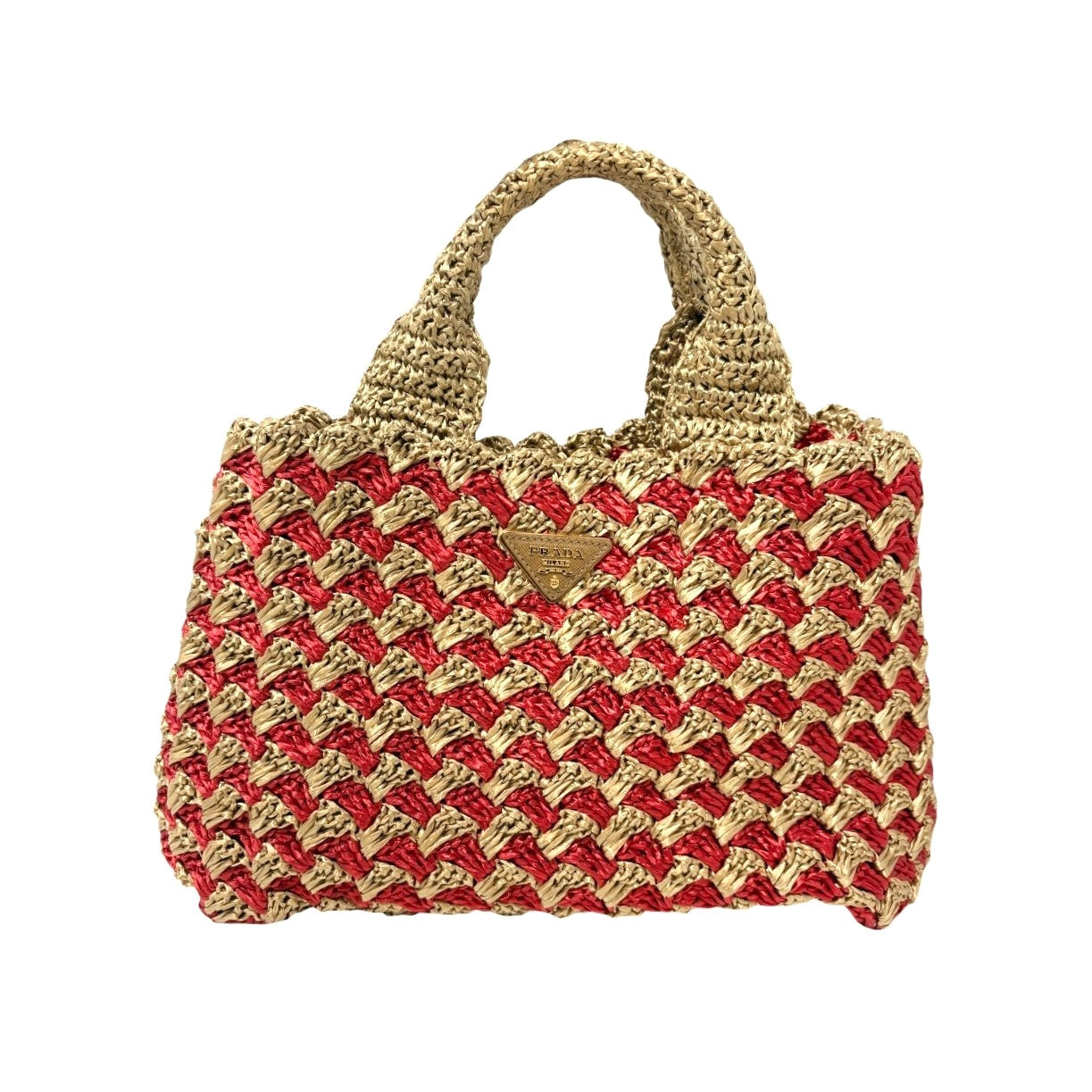 PRADA Vintage Triangle Logo Raffia Canapa Tote Bag Red Beige Gold Crochet