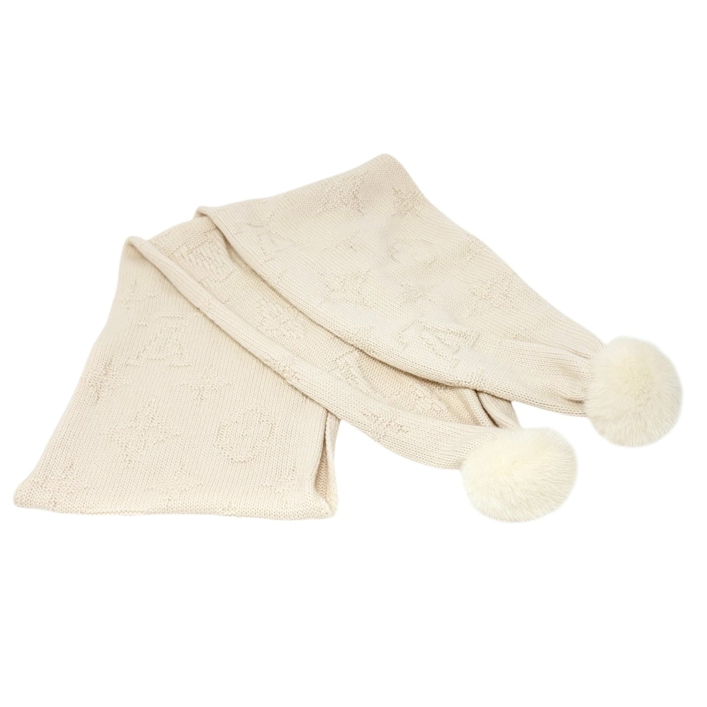 LOUIS VUITTON Vintage Monogram Escharpe Fur Scarf Shawl Cream Cashmere Logo