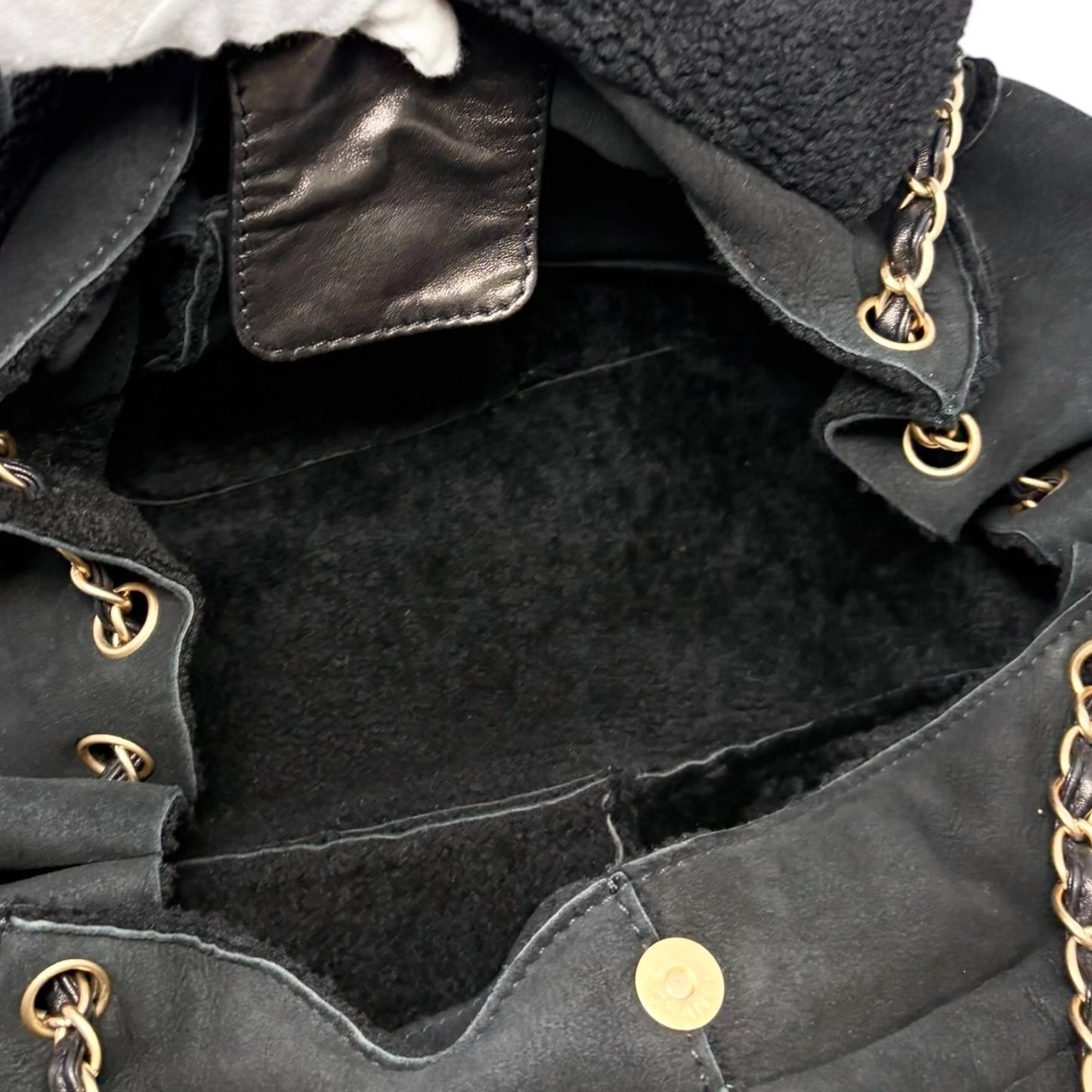 CHANEL Vintage CC Big Logo Shearling Chain Shoulder Bag Black Gold Suede Mouton