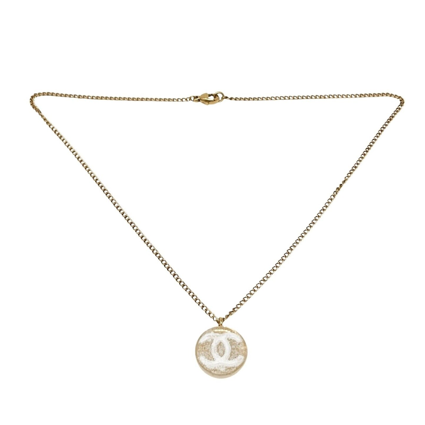 CHANEL Vintage 03A CC Mark Logo Pendant Necklace Fashion Accessory Gold White