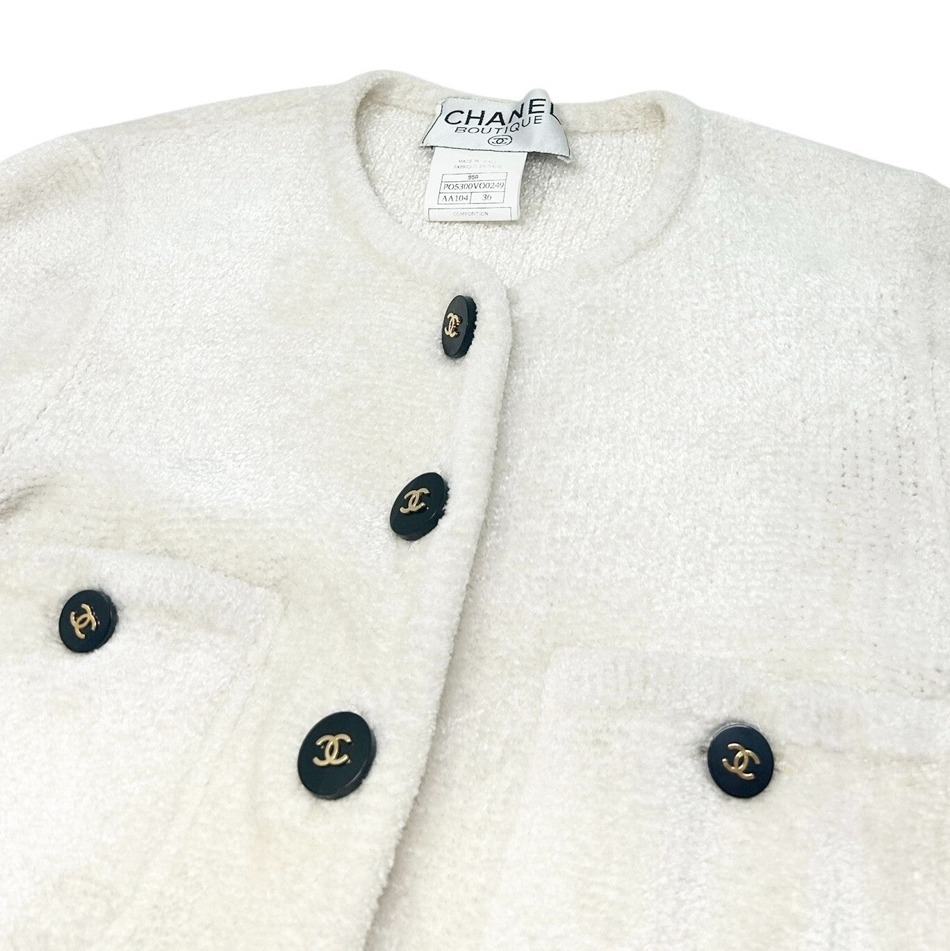 CHANEL Vintage 95A CC Mark Logo Velour Jacket #36 White Gold Viscose Cardigan