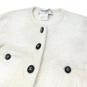 CHANEL Vintage 95A CC Mark Logo Velour Jacket #36 White Gold Viscose Cardigan