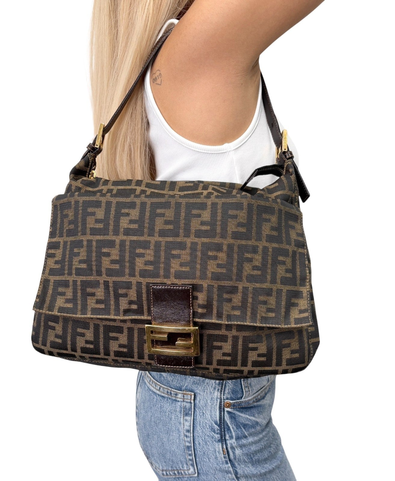 FENDI Vintage FF Zucca Mamma Baguette Pocket Shoulder Bag Brown Canvas 902439