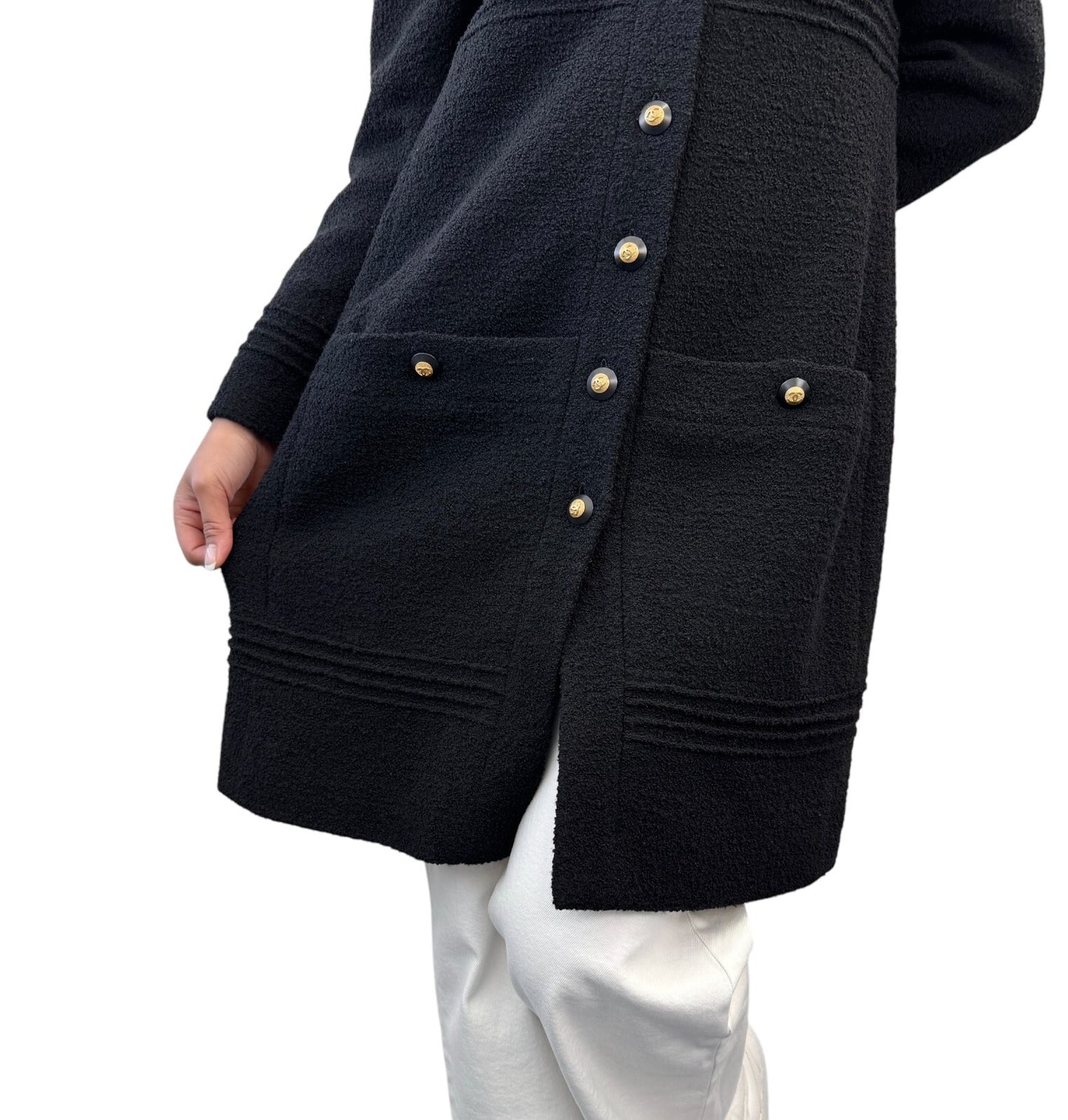 CHANEL Vintage CC Logo Long Tweed Jacket #M Coat Black Gold Wool Silk Button