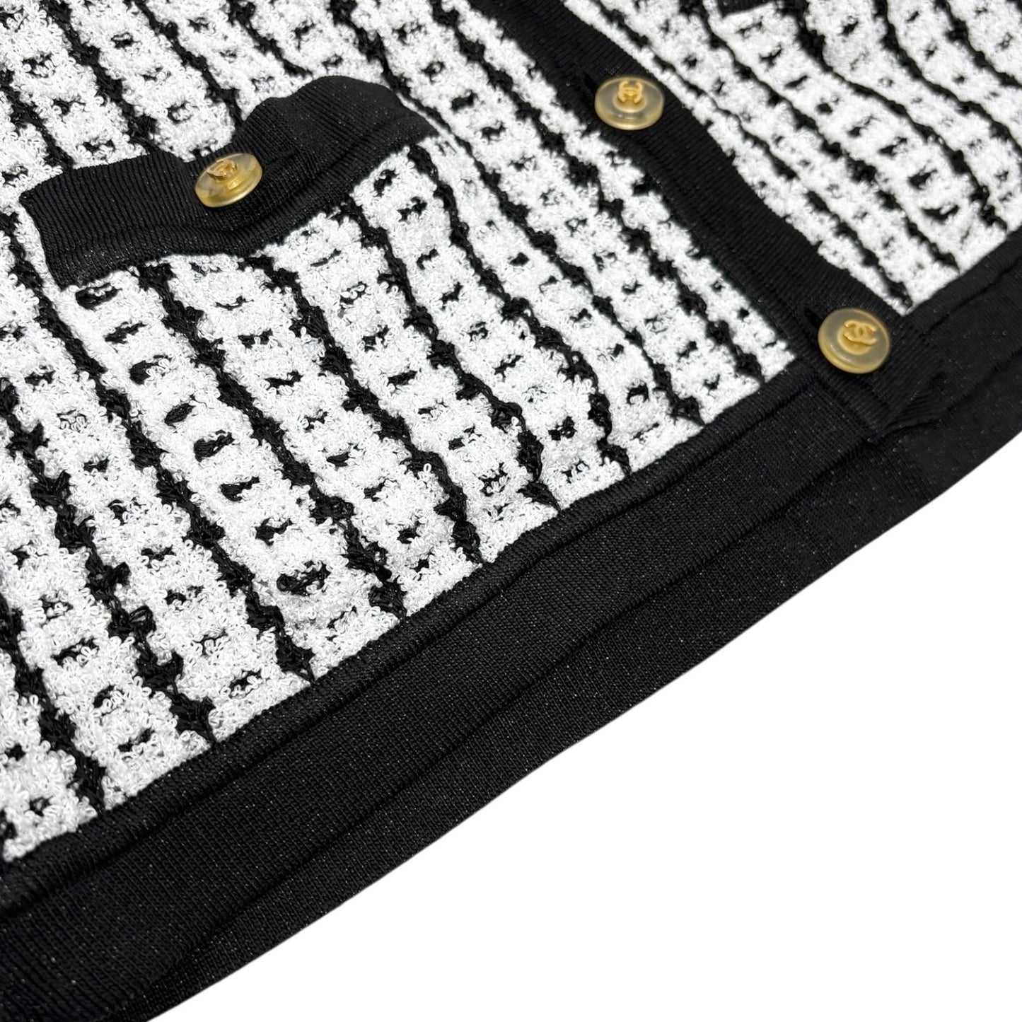CHANEL Vintage 97P CC Logo Button Tweed Cardigan Sweater Top Black White