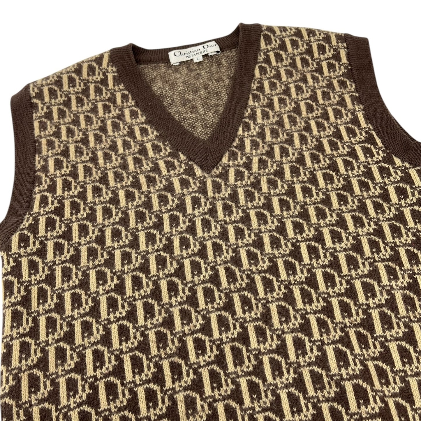 Christian Dior Vintage Trotter Monogram Logo Knit Vest V-neck Brown Beige Wool