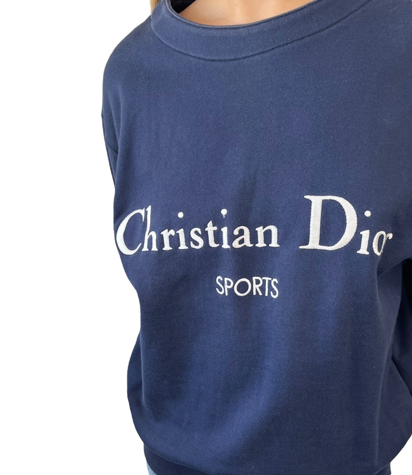 Christian Dior Sports Vintage Logo Sweatshirt Top #L Dark Blue Silver Cotton