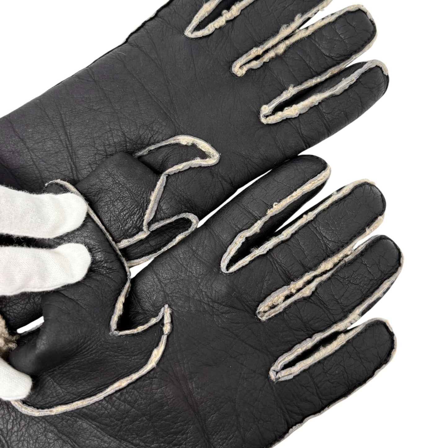 CHANEL Vintage Big CC Logo Shearling Trim Leather Gloves #7 Brown 901931