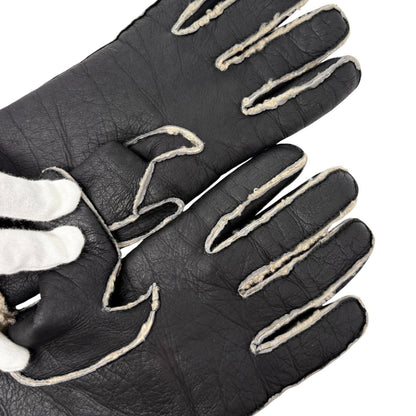 CHANEL Vintage Big CC Logo Shearling Trim Leather Gloves #7 Brown 901931