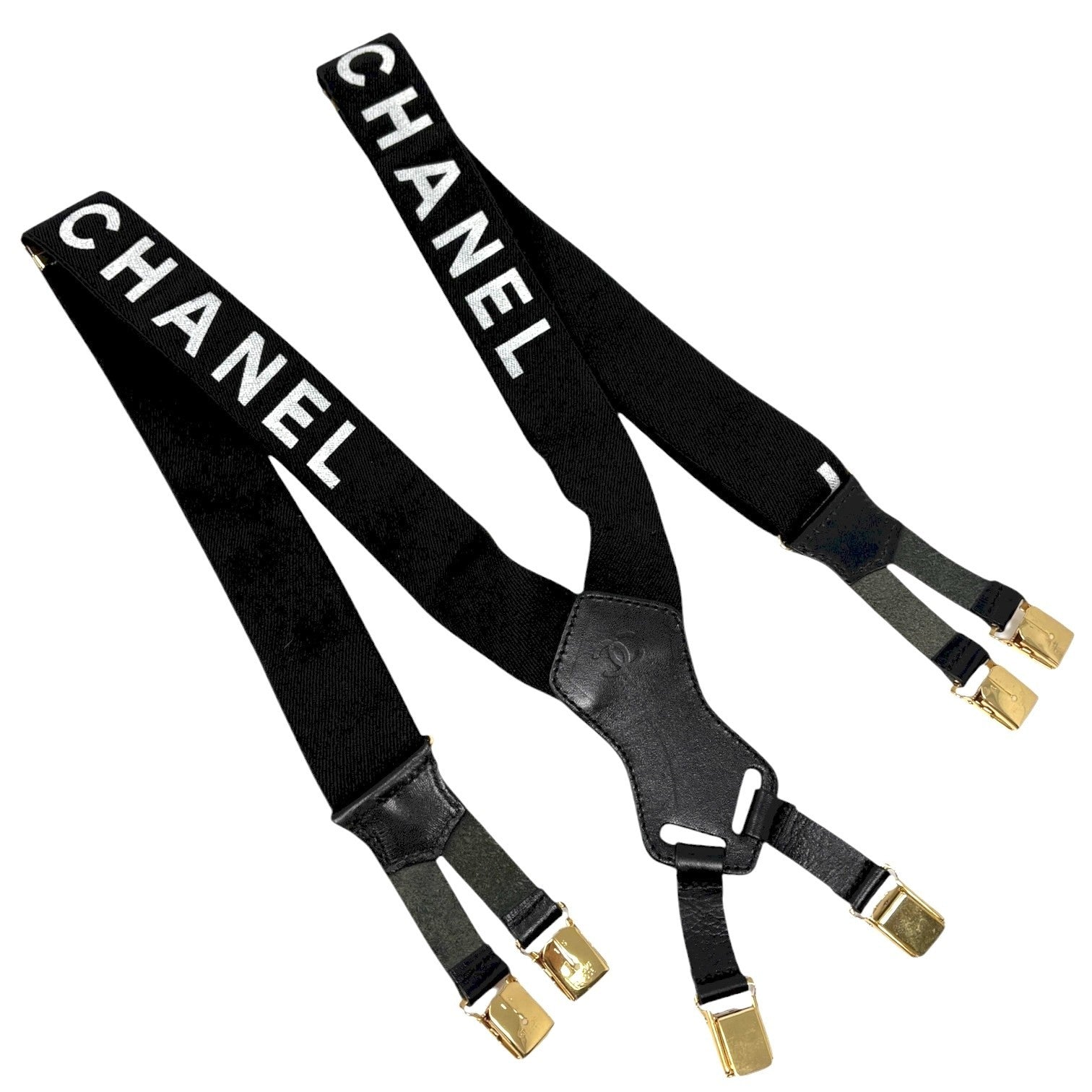 CHANEL Vintage 1994 CC Logo Letter Suspender Belt Black White Cotton Leather