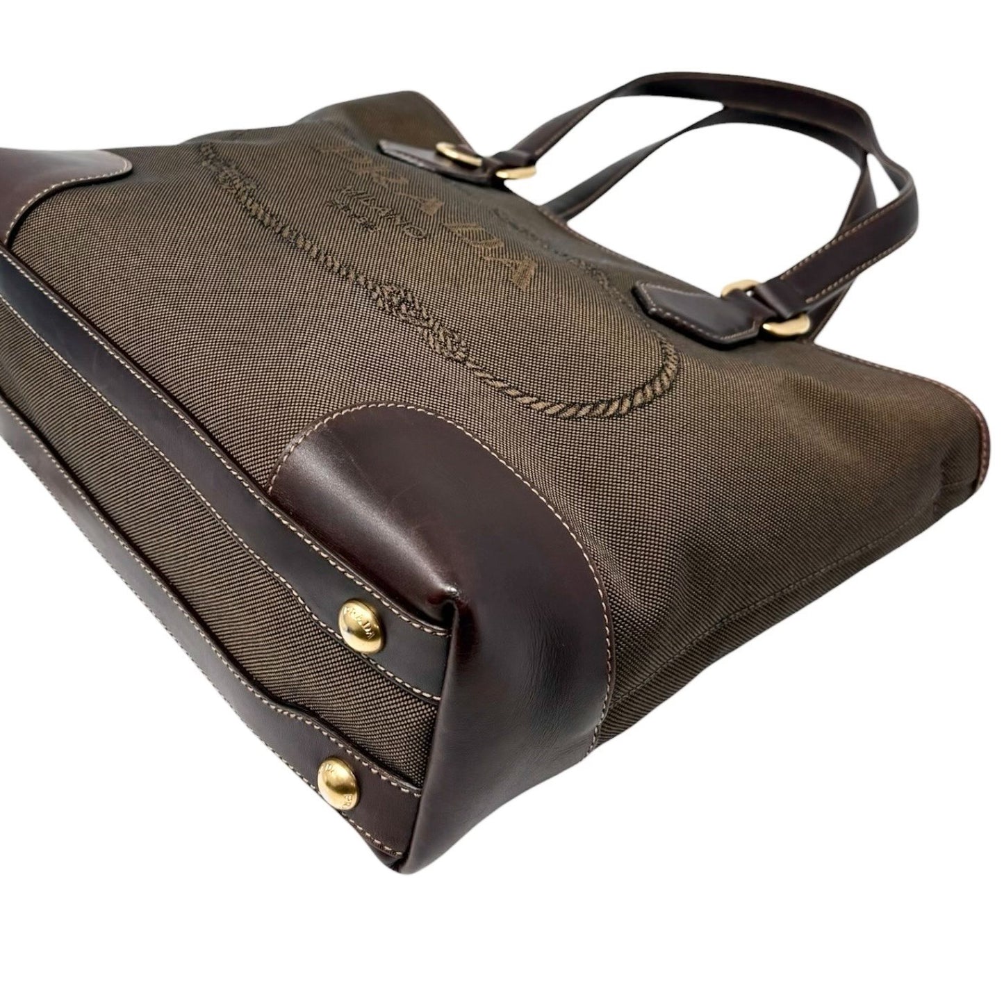 PRADA Vintage Triangle Logo Milano Jacquard Canvas Shoulder Tote Bag Brown Gold