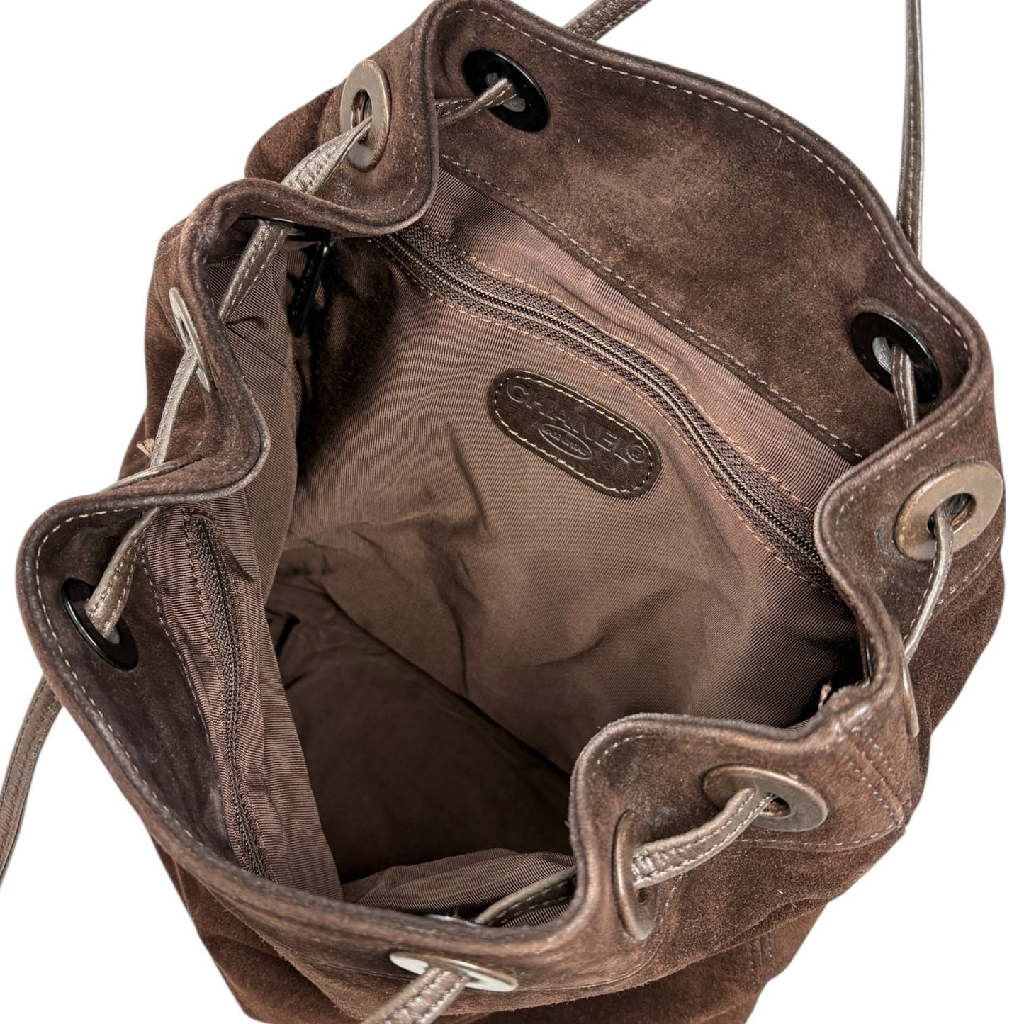 CHANEL Vintage CC Logo Suede Drawstring Flap Backpack Bag Stitch Brown Gold