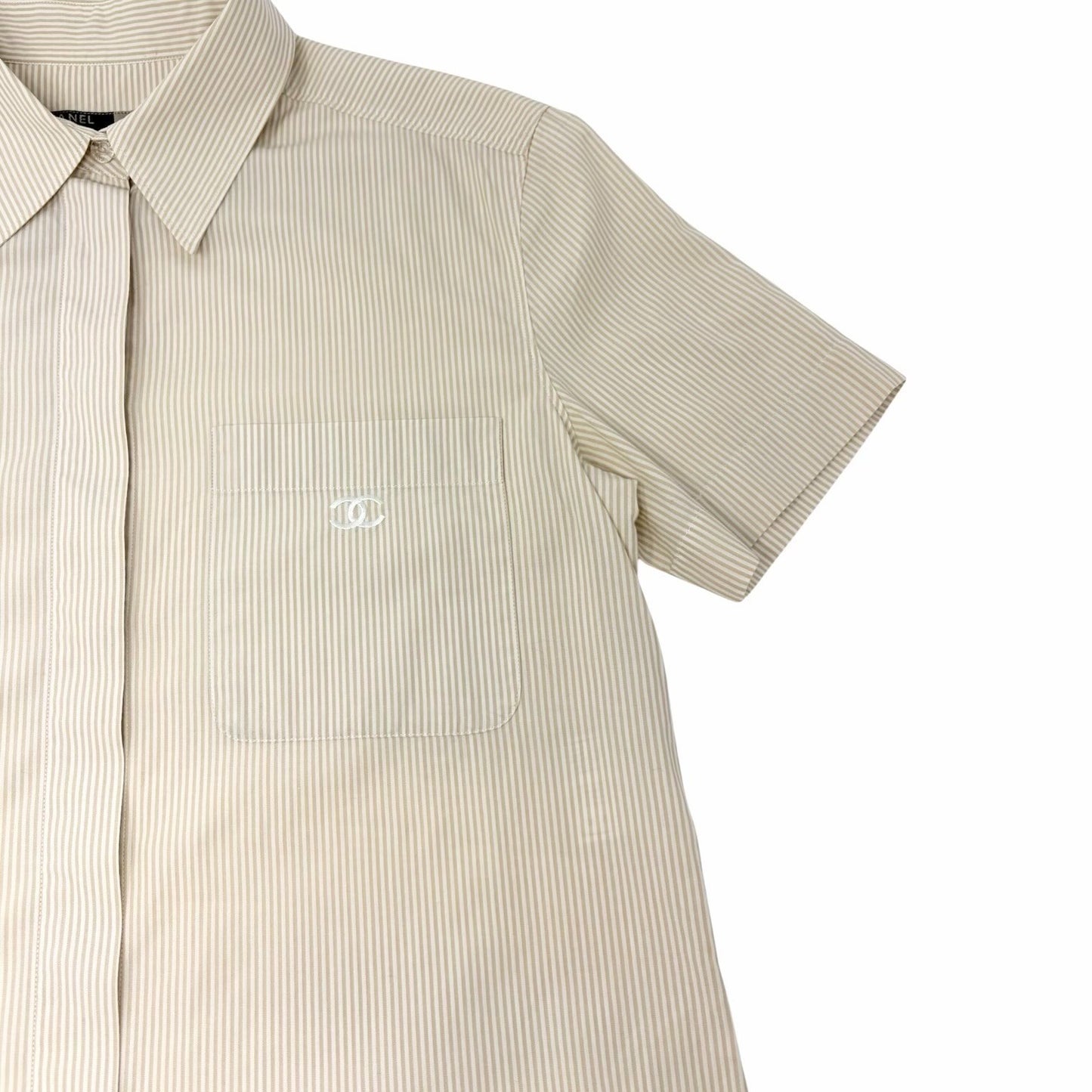 CHANEL Vintage 99P CC Logo Button Up Shirt Top Short Sleeve #40 Beige Pocket