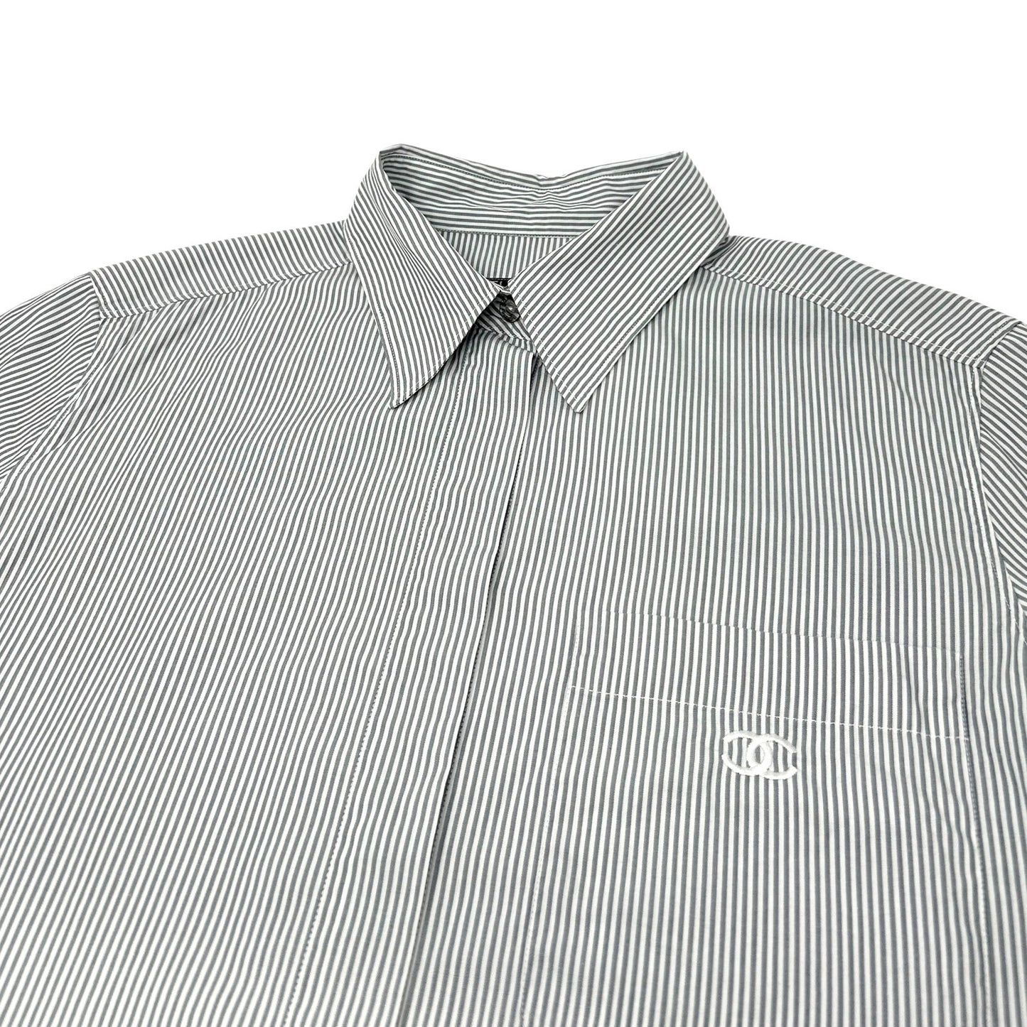 CHANEL Vintage 99P CC Logo Short Sleeve Shirt #40 Stripe Blouse Top Gray Pocket