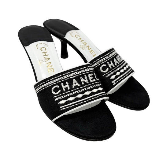 CHANEL Vintage CC Embroidery Logo Sandals Heels #37 Black White Canvas 901946