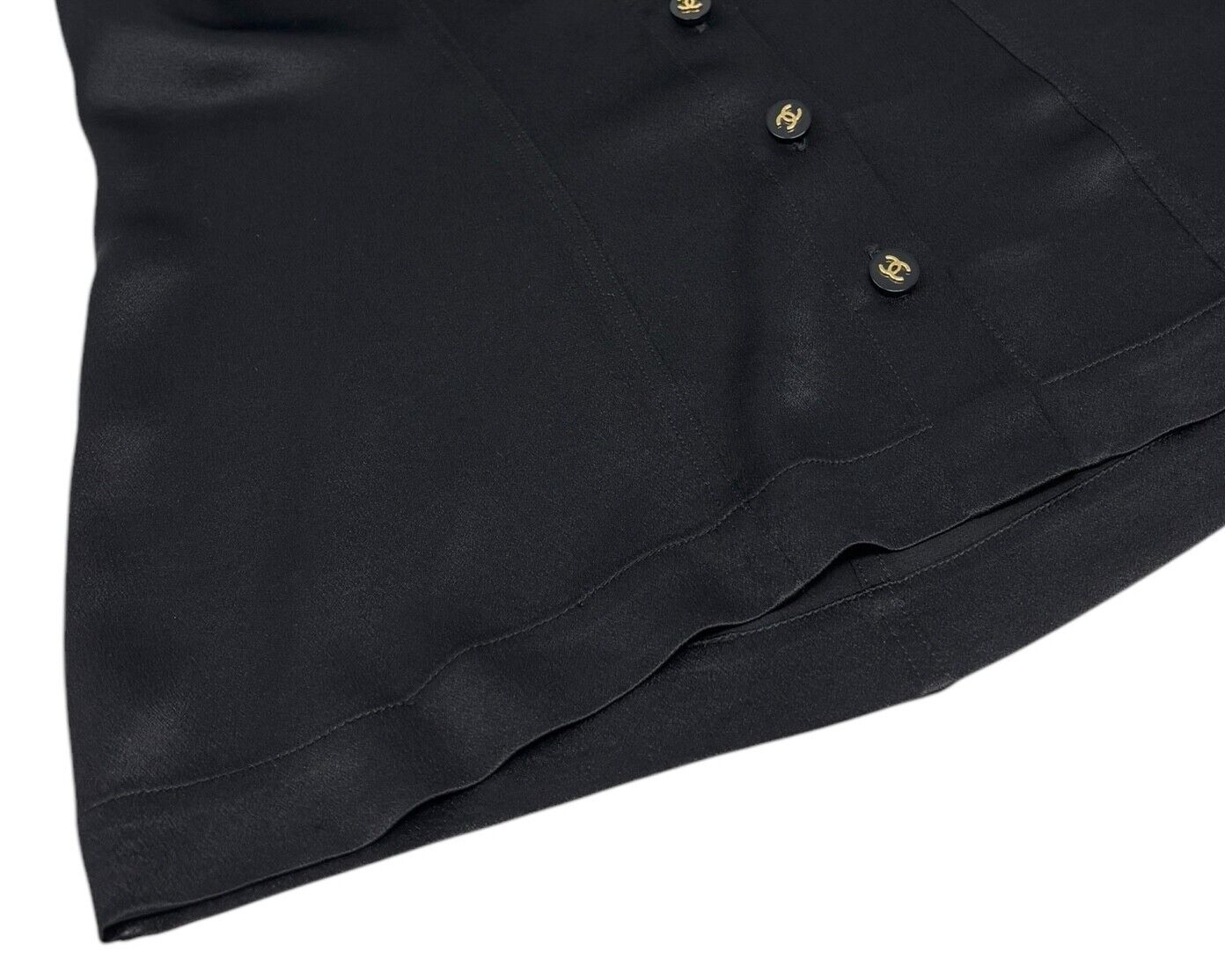 CHANEL Vintage CC Logo Silk Shirt Top Blouse Gold Button Black Silk Long Sleeve