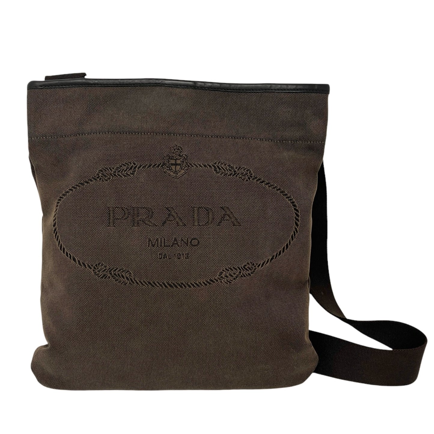 PRADA Vintage Logo Crossbody Shoulder Bag Brown Silver Cotton Leather