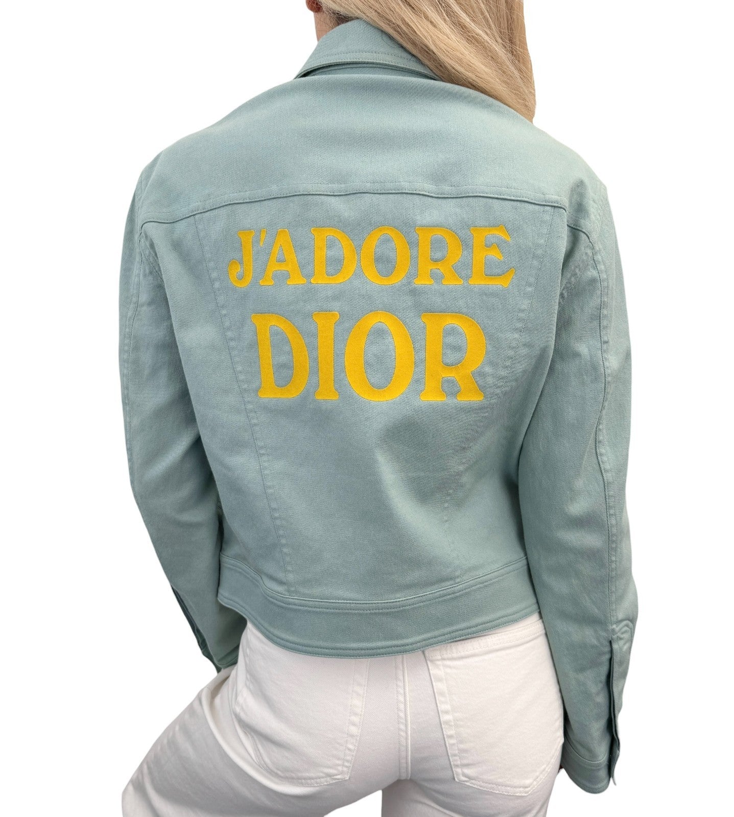 Christian Dior Vintage 2001 J'ADORE Logo Denim Twill Jacket #36 Blue Yellow