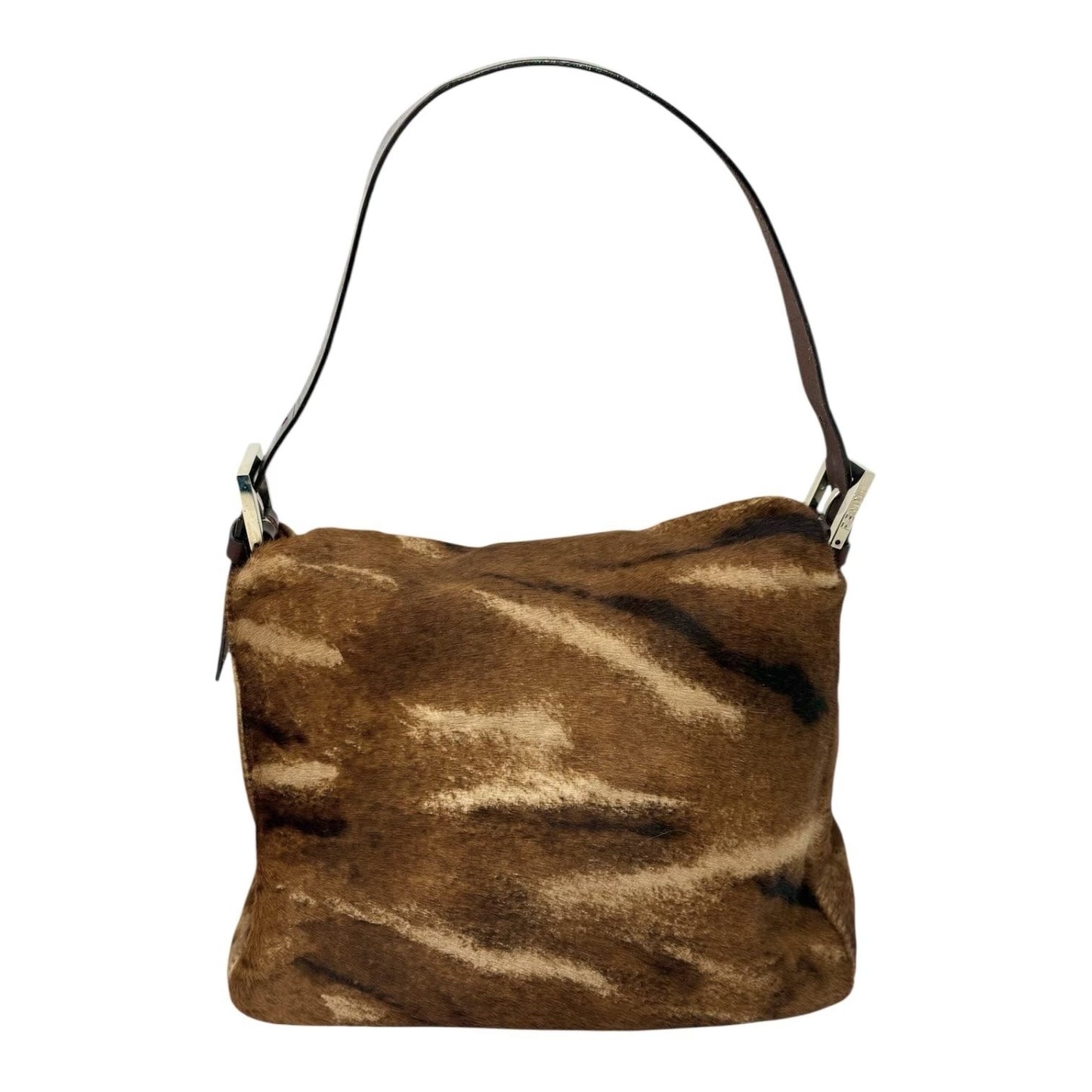 FENDI Vintage FF Logo Mamma Baguette Pony Calf Hair Shoulder Bag Brown Beige