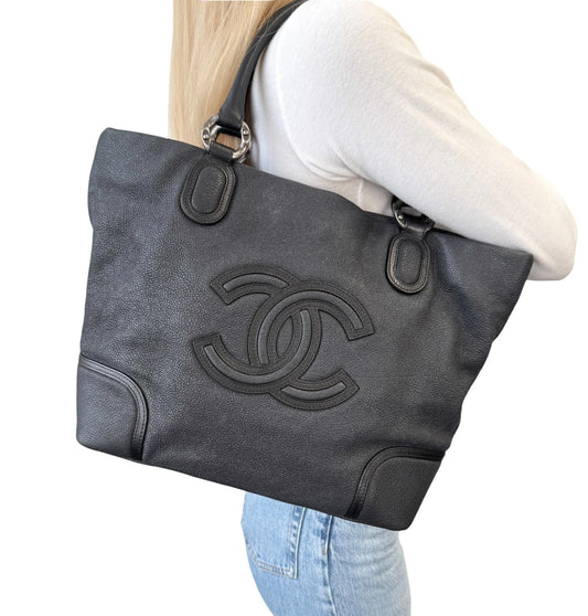 CHANEL Vintage Calfskin Leather Tote Shoulder Bag Black Distressed CC Stitch