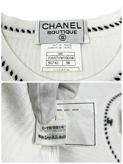 CHANEL Vintage 96P CC Rib Knit Top #38 Stitch Pullover White Black Cotton