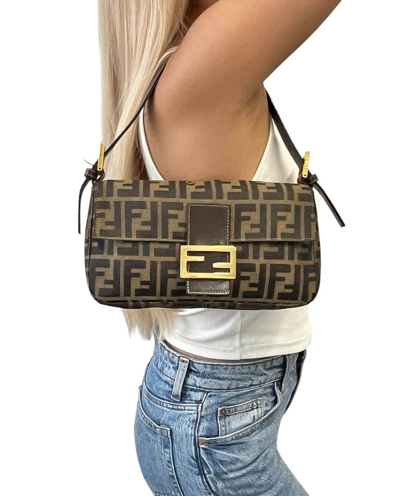 FENDI Vintage FF Logo Zucca Mamma Baguette Canvas Shoulder Bag Brown 901836