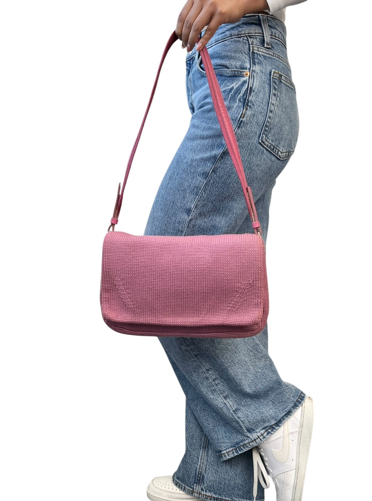 PRADA Vintage Logo Knit Shoulder Bag Pink Silver Cotton Nylon Zip