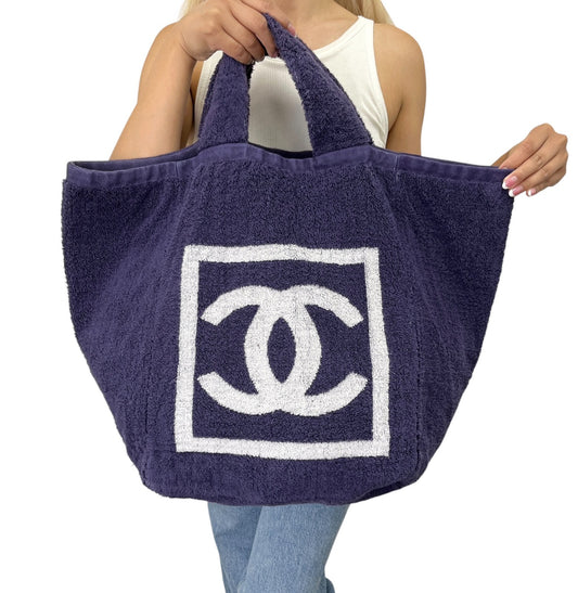 CHANEL Sport Vintage CC Big Logo Beach Terry Cloth Tote Bag Dark Blue 902369