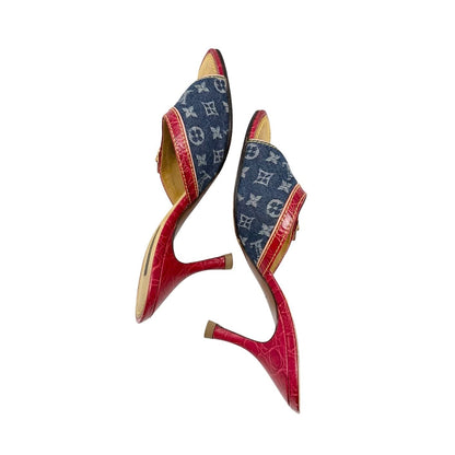 LOUIS VUITTON Vintage Monogram Denim Sandals Heels #36 Blue Red Beige 902029