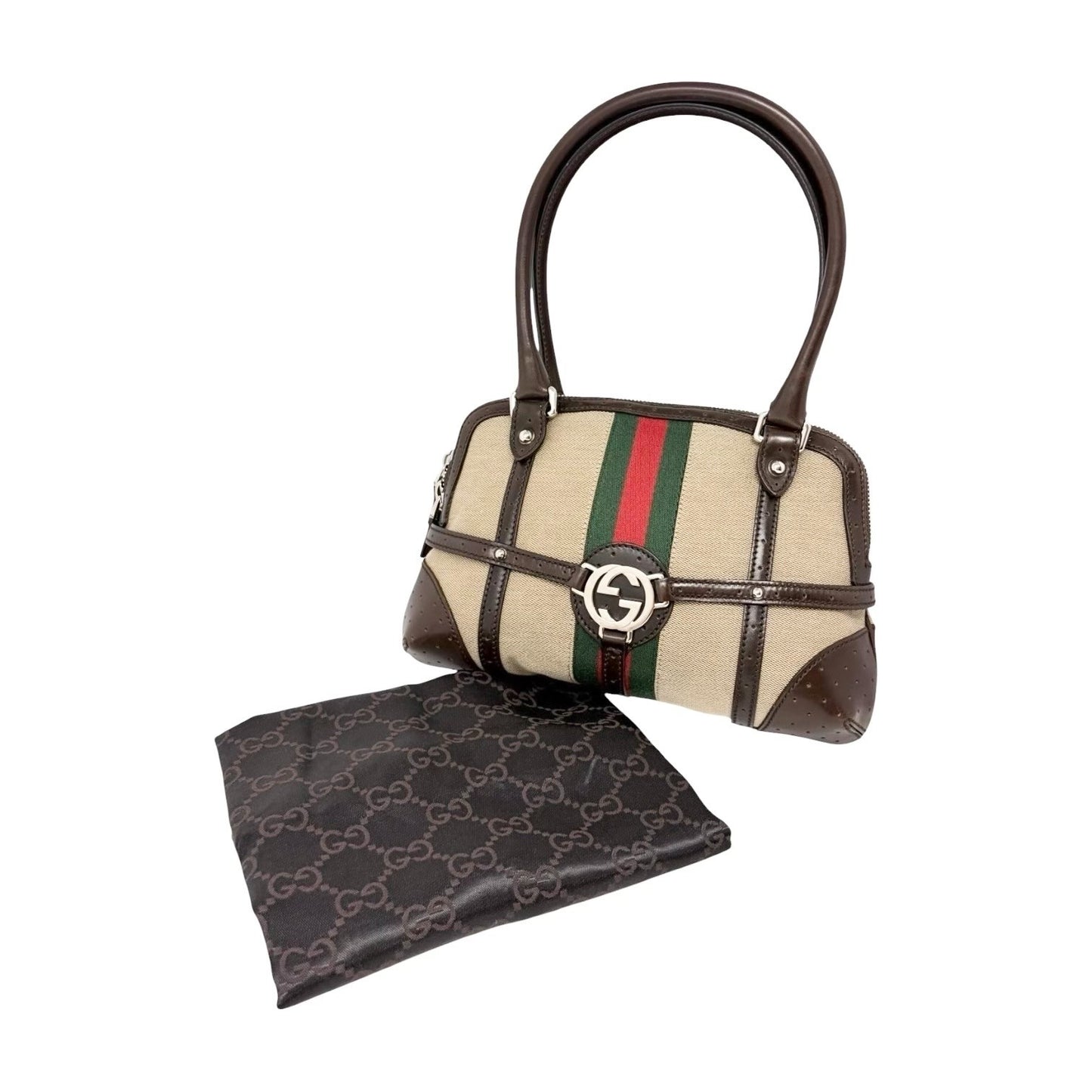 GUCCI Vintage GG Interlocking Web Stripe Canvas Shoulder Bag Beige Brown 901803