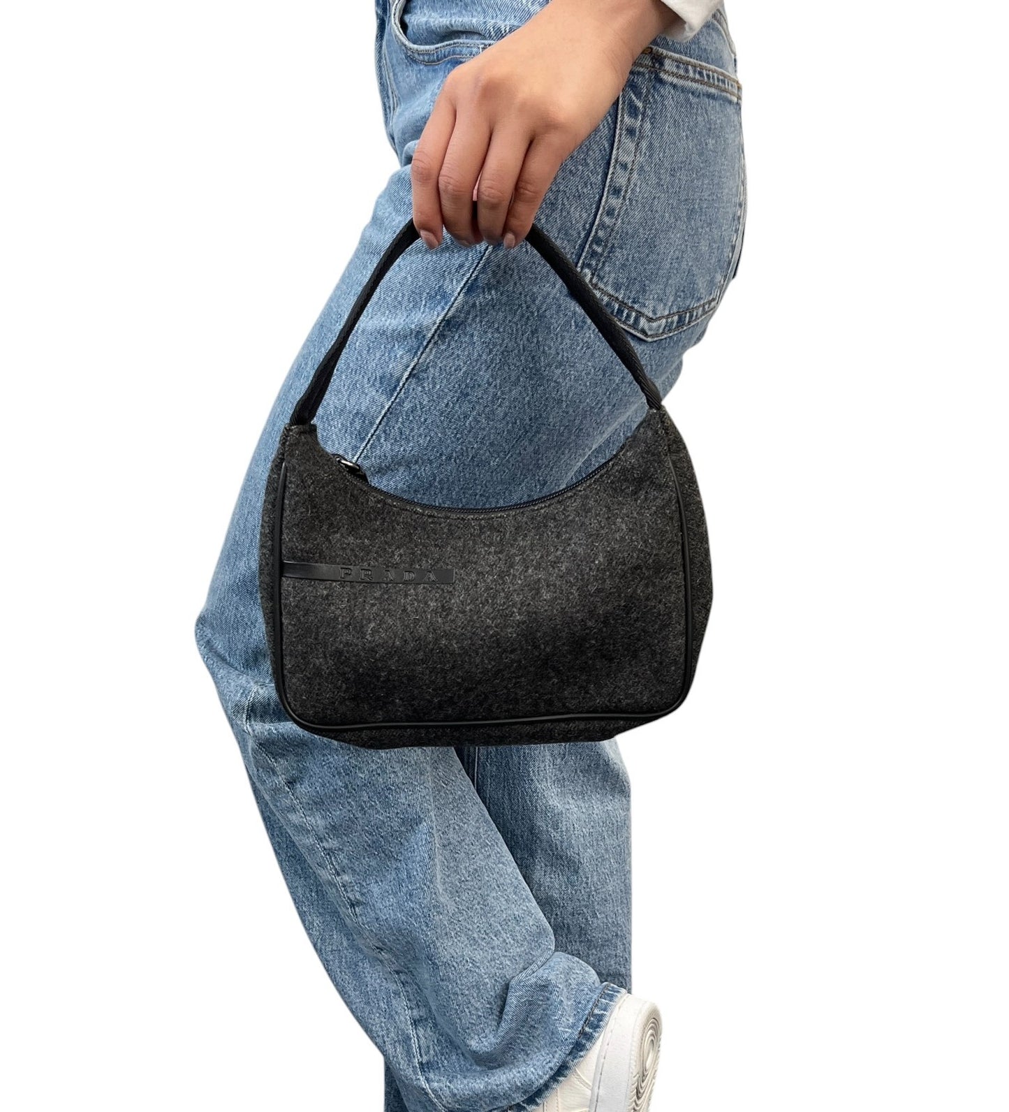 PRADA Sport Vintage Logo Wool Mini Bag Pochette Pouch Gray Black Leather