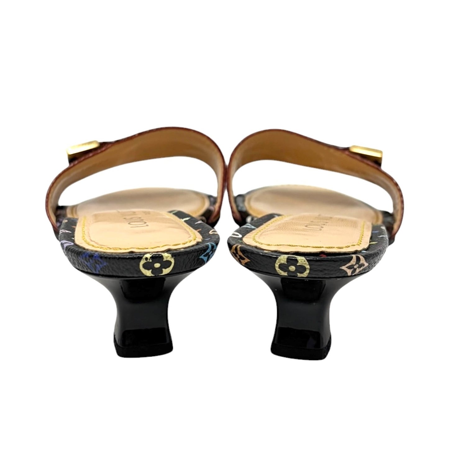 LOUIS VUITTON Vintage Monogram Multicolor Sandals Heels #37.5 Black Beige