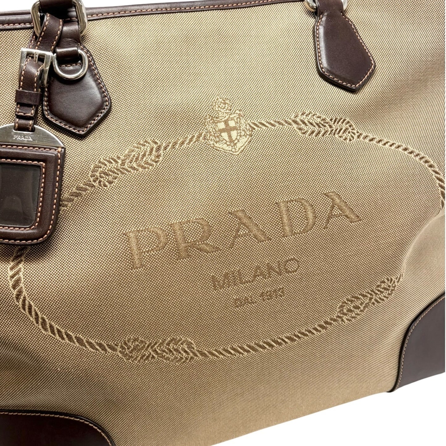 PRADA Vintage Jacquard Logo Tote Bag Brown Silver Canvas Leather 902047
