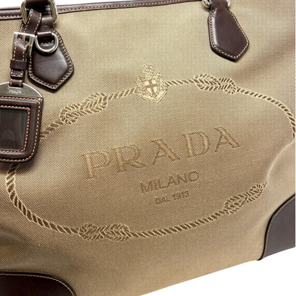 PRADA Vintage Jacquard Logo Tote Bag Brown Silver Canvas Leather 902047