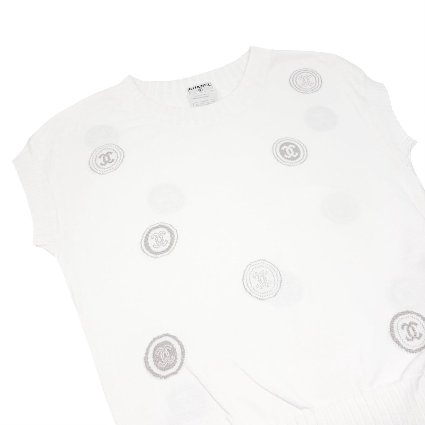 CHANEL Vintage 01P CC Logo Stamp Logo Knit Shirt Top #38 White Greige 901829