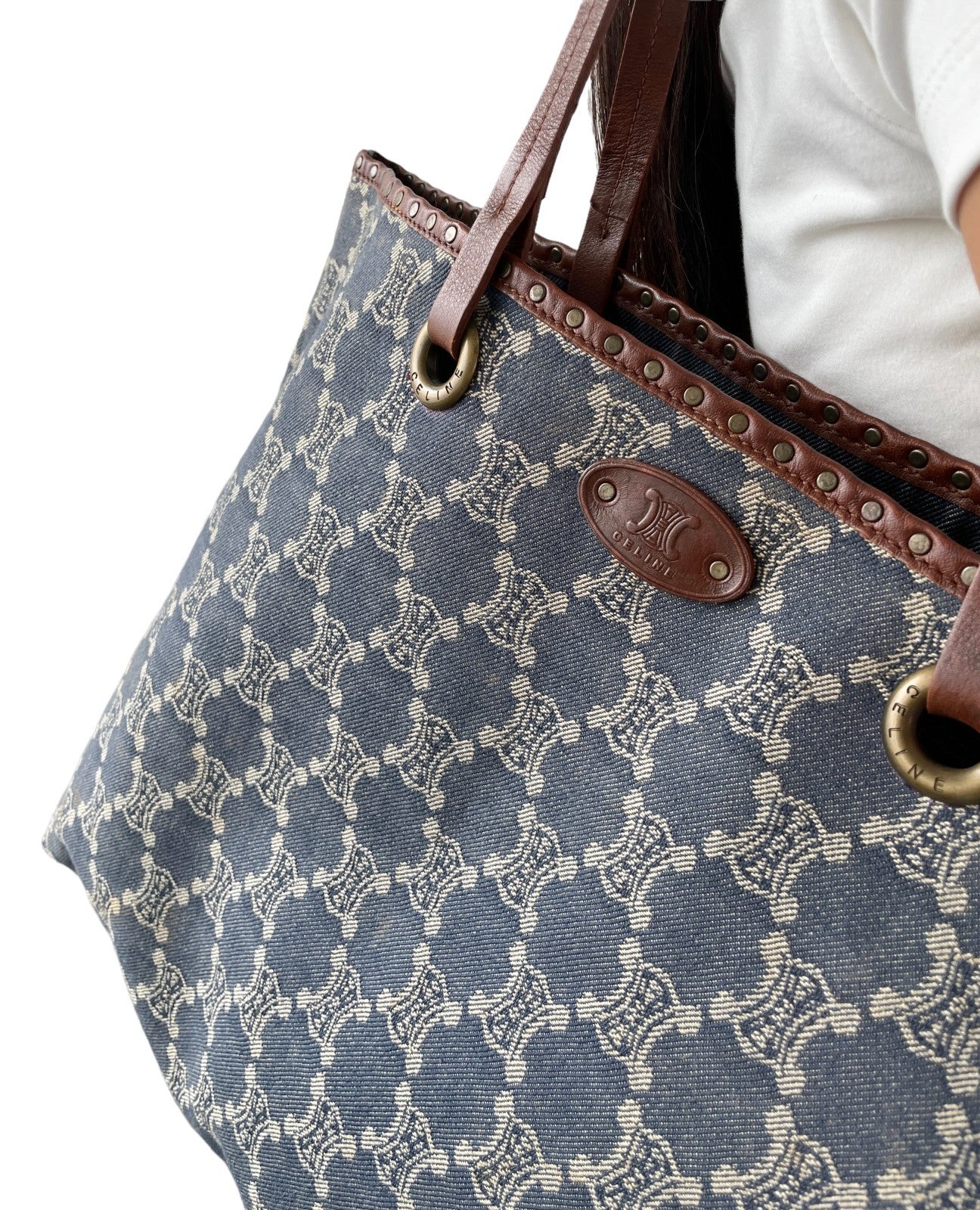 CELINE Vintage Macadam Monogram Logo Denim Tote Bag Blue Gold Cotton Leather