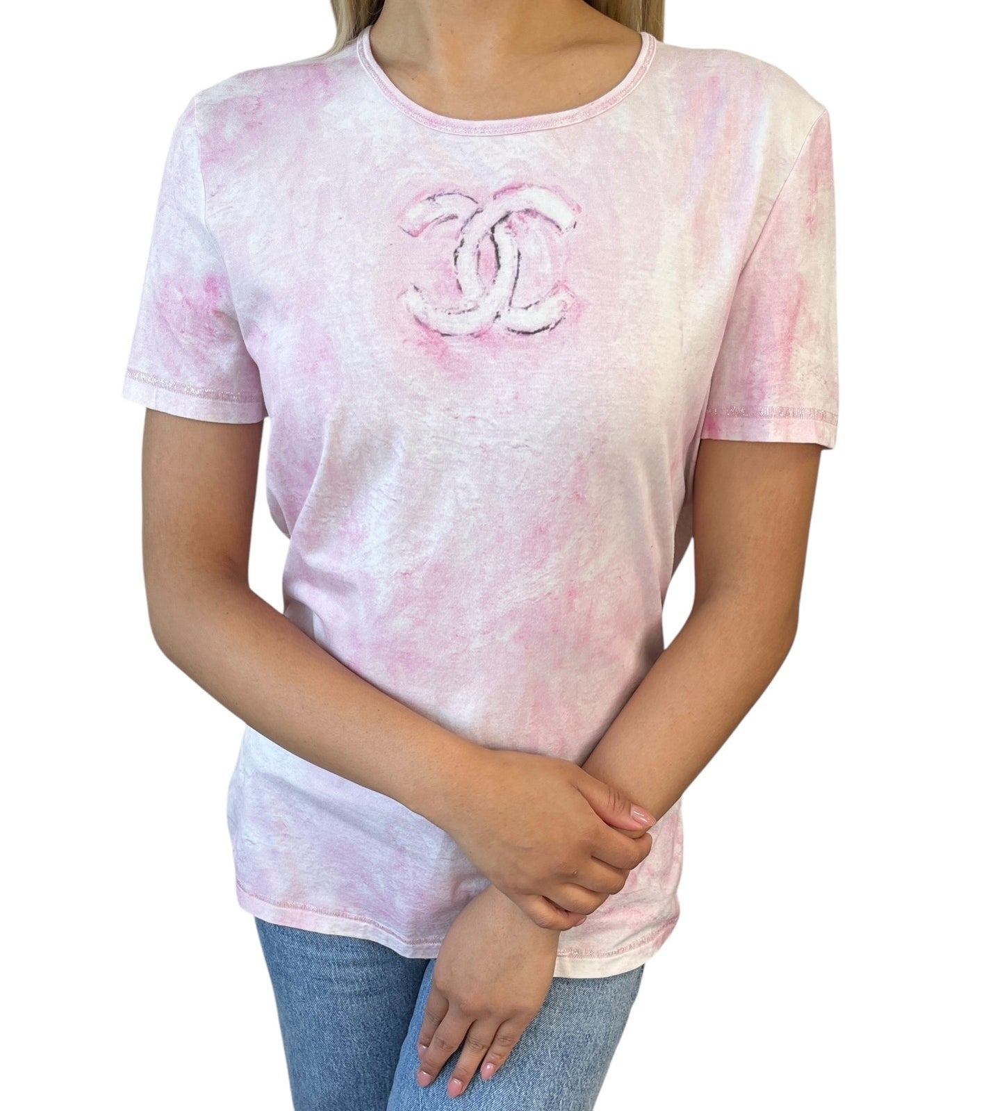 CHANEL Vintage 09C CC Logo Tie-Dye T-Shirt Top #36 Pink Short Sleeve 902403
