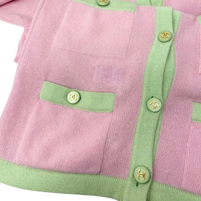 CHANEL Vintage CC Logo Cashmere Knit Long Cardigan Top Pink Green 902471