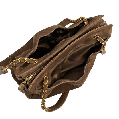 CHANEL Vintage Stitch CC Logo Suede Chain Tote Shoulder Bag Brown 902376
