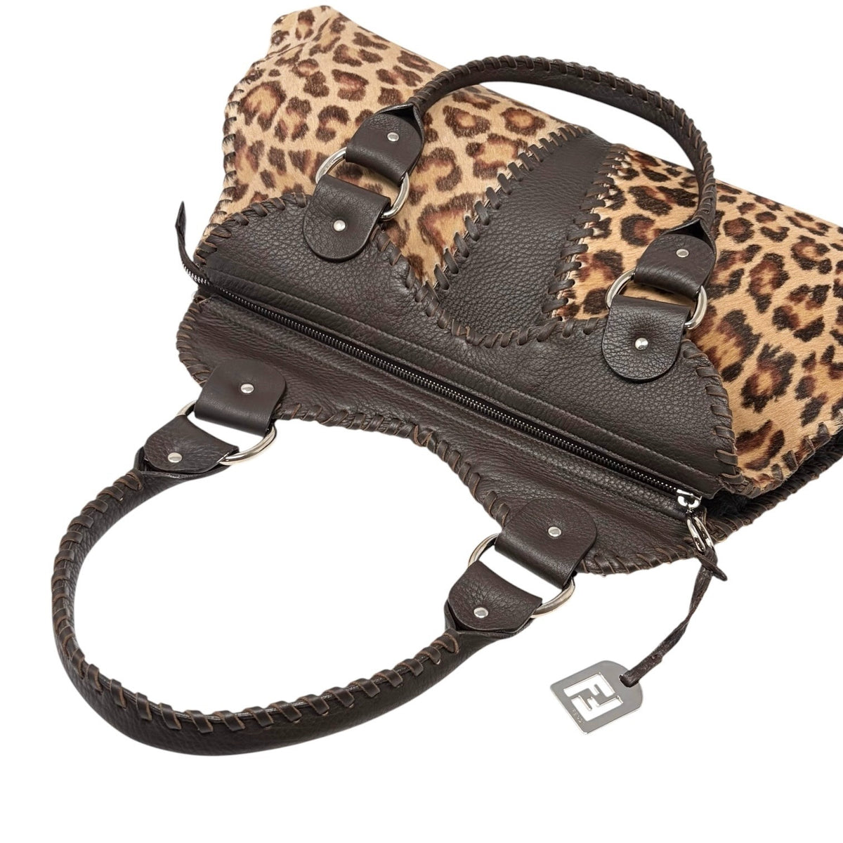 FENDI Vintage Leopard Pony Calf Hair Shoulder Bag Camel Brown Leather 902475