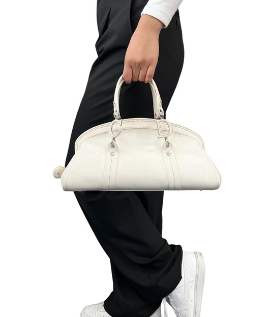Christian Dior Vintage 2005 CD Logo Stitch Handbag White Silver Leather Rank AB