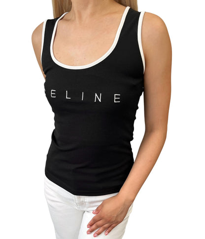 CELINE Vintage Logo Tank Top #38 Black White Polyester Sleeveless 902071