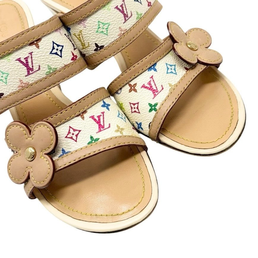 LOUIS VUITTON Vintage Monogram Multicolor Flower Sandals Heels #37 White 902030
