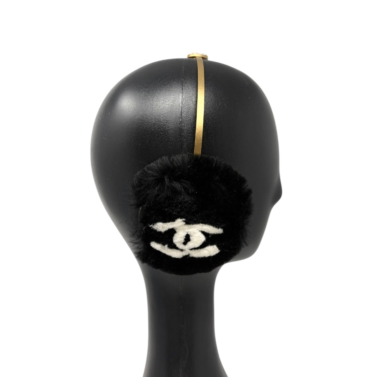 CHANEL Vintage 01A Pearl CC Mark Logo Fur Earmuffs Black Gold White