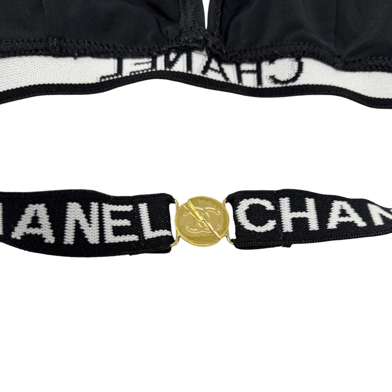 CHANEL Vintage CC Logo Swimsuit Swimwear Bikini Black White Nylon 106952