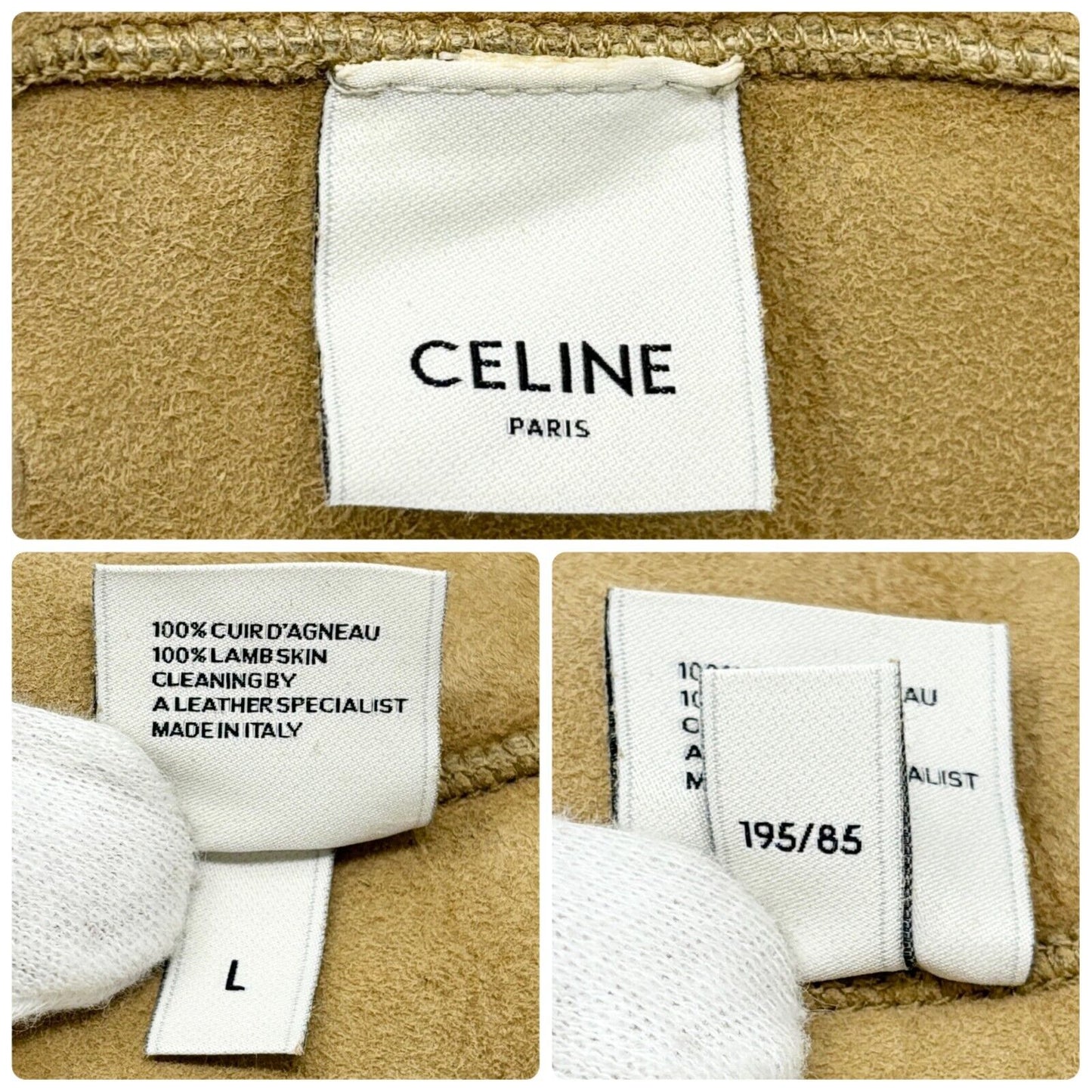 CELINE Vintage Macadam Logo Mouton Gloves Mittens Beige Gold Leather
